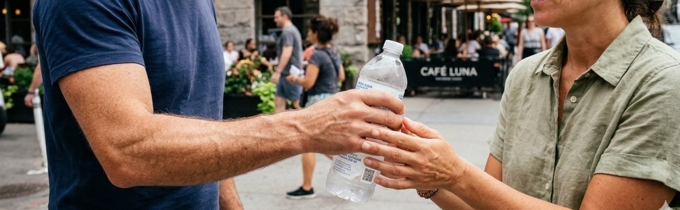 One person handing a bottle of water to another on a city street